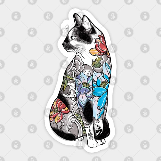 Cat in Lotus Tattoo Sticker by runcatrun